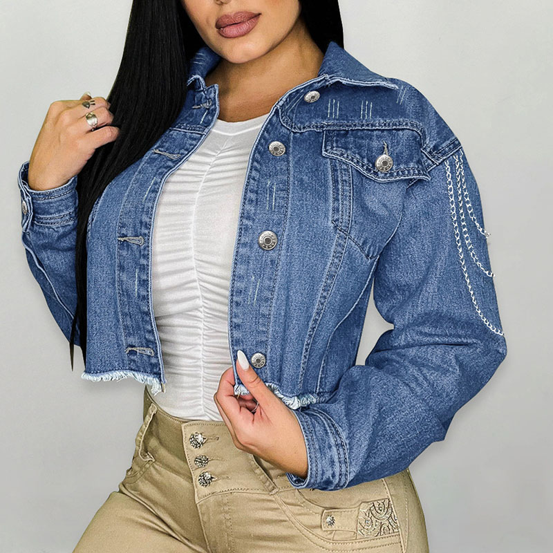 Light Blue Casual Solid Patchwork Buckle Chains Turndown Collar Long Sleeve Straight Denim Jacket 