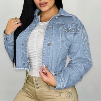 Light Blue Casual Solid Patchwork Buckle Chains Turndown Collar Long Sleeve Straight Denim Jacket 