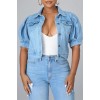 Light Blue Fashion Casual Solid Patchwork Knotted Turndown Collar Short Sleeve Regular Denim Jacket 