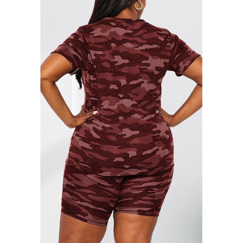 Red Casual Print Camouflage Print Patchwork V Neck Plus Size Two Pieces 