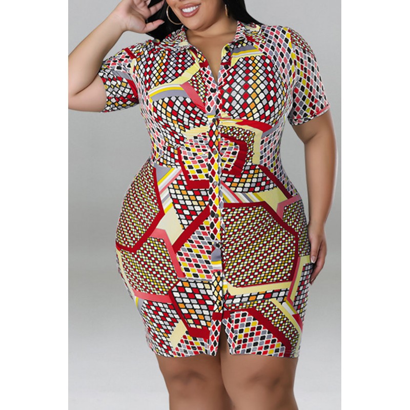 Red Casual Print Patchwork Buckle Turndown Collar Shirt Dress Plus Size Dresses 