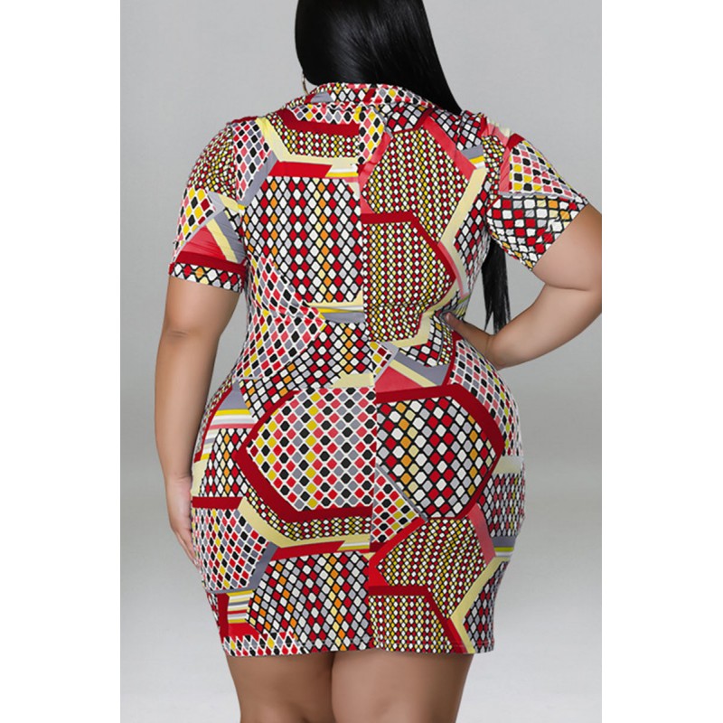 Red Casual Print Patchwork Buckle Turndown Collar Shirt Dress Plus Size Dresses 