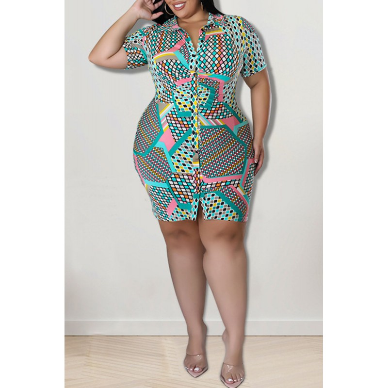 Green Casual Print Patchwork Buckle Turndown Collar Shirt Dress Plus Size Dresses 