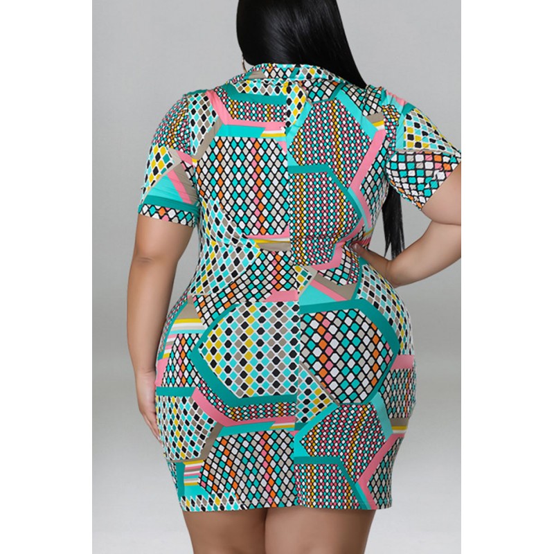 Green Casual Print Patchwork Buckle Turndown Collar Shirt Dress Plus Size Dresses 