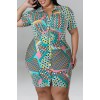 Green Casual Print Patchwork Buckle Turndown Collar Shirt Dress Plus Size Dresses 