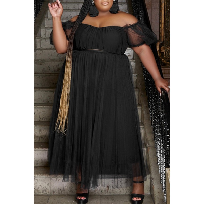 Black Fashion Sexy Solid Backless Off the Shoulder Plus Size Two Pieces 