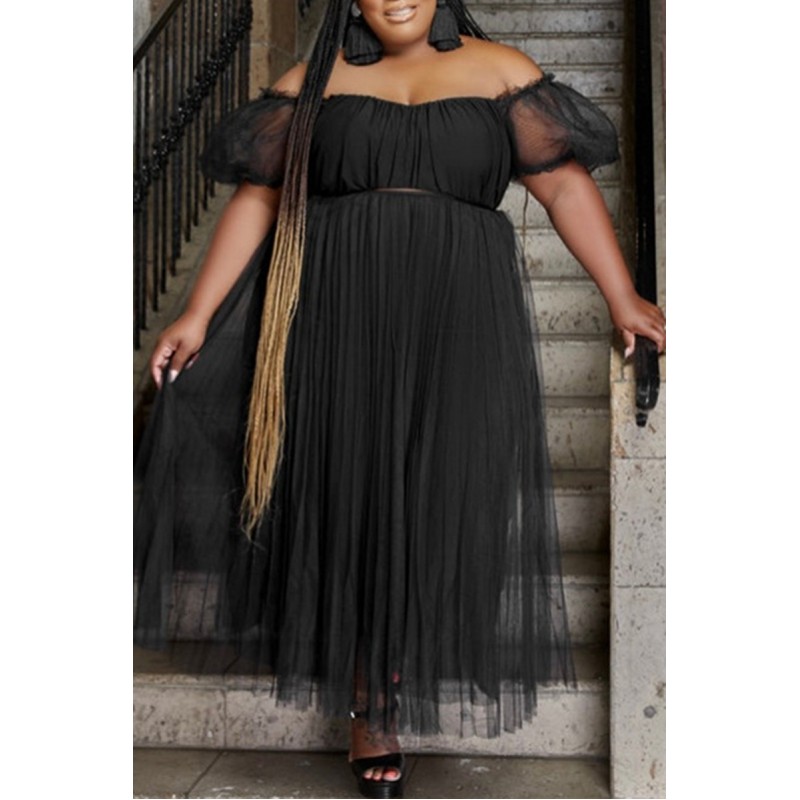 Black Fashion Sexy Solid Backless Off the Shoulder Plus Size Two Pieces 