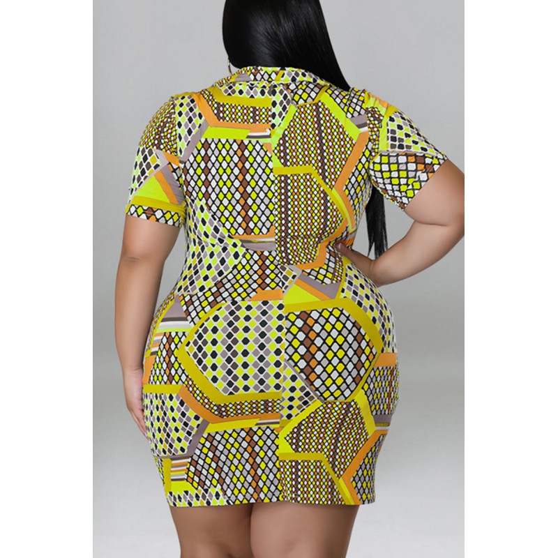 Yellow Casual Print Patchwork Buckle Turndown Collar Shirt Dress Plus Size Dresses 