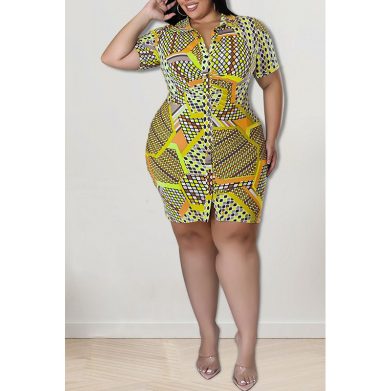 Yellow Casual Print Patchwork Buckle Turndown Collar Shirt Dress Plus Size Dresses 