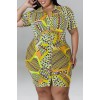 Yellow Casual Print Patchwork Buckle Turndown Collar Shirt Dress Plus Size Dresses 