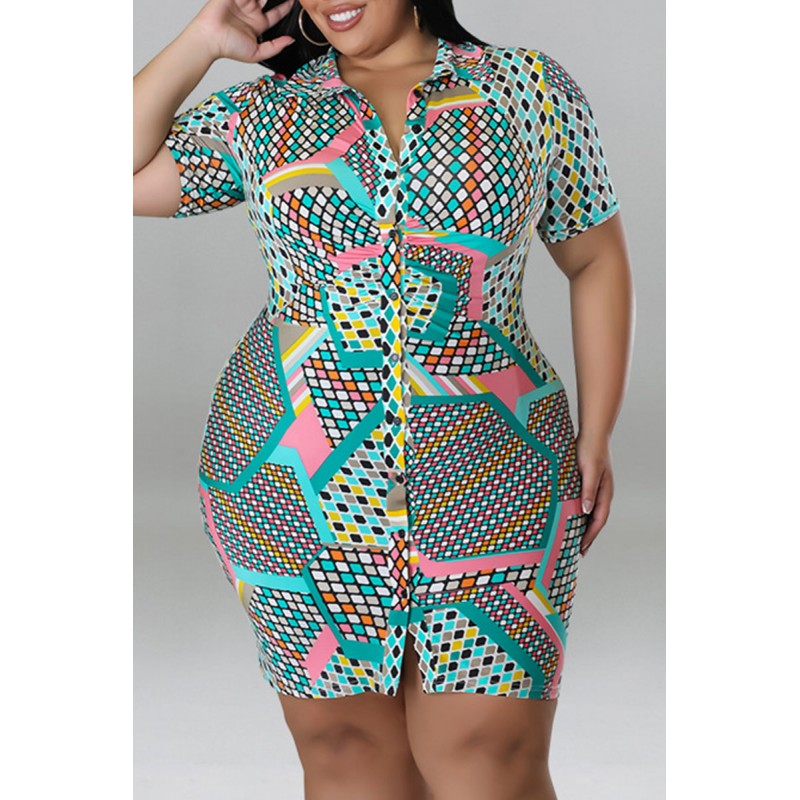 Yellow Casual Print Patchwork Buckle Turndown Collar Shirt Dress Plus Size Dresses 