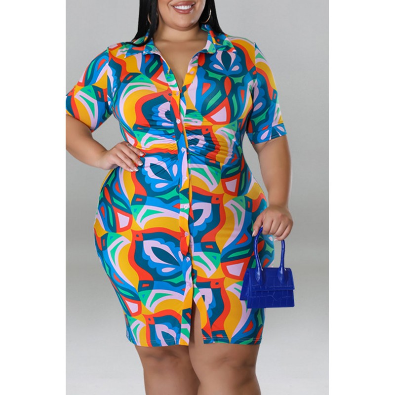 Blue Casual Print Patchwork Buckle Turndown Collar Shirt Dress Plus Size Dresses 