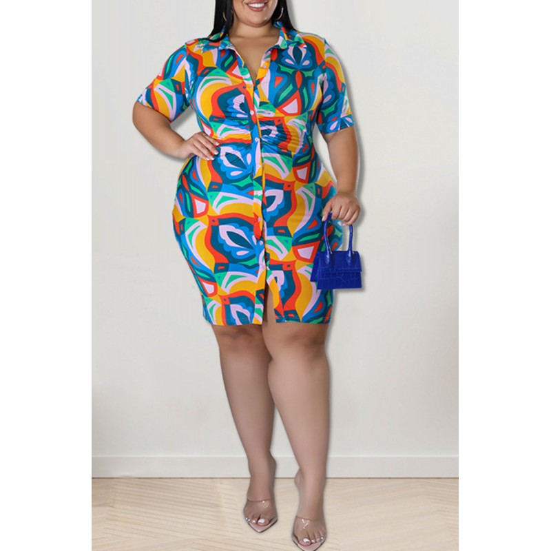 Blue Casual Print Patchwork Buckle Turndown Collar Shirt Dress Plus Size Dresses 