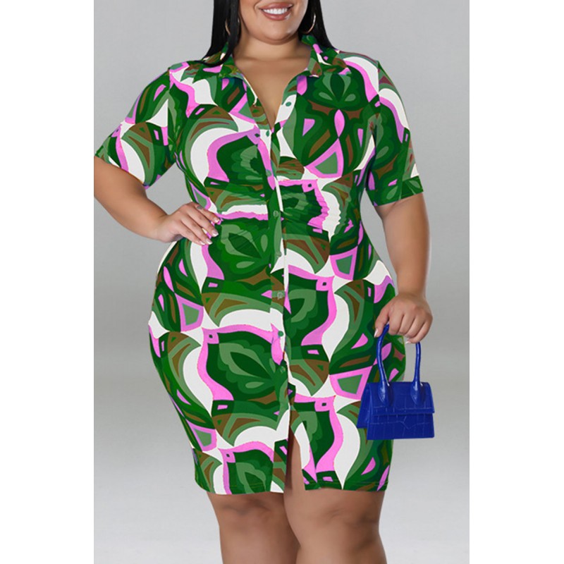 Blue Casual Print Patchwork Buckle Turndown Collar Shirt Dress Plus Size Dresses 