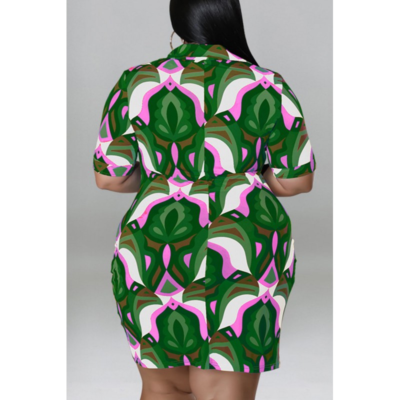 Green Casual Print Patchwork Buckle Turndown Collar Shirt Dress Plus Size Dresses 