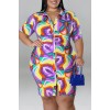 Purple Casual Print Patchwork Buckle Turndown Collar Shirt Dress Plus Size Dresses 