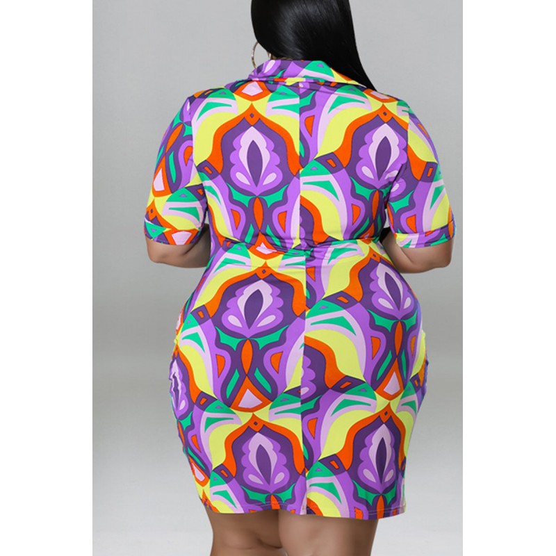 Purple Casual Print Patchwork Buckle Turndown Collar Shirt Dress Plus Size Dresses 