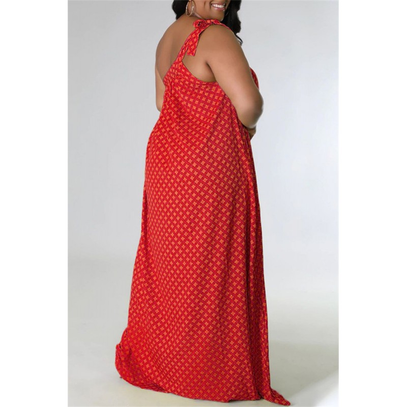 Red Fashion Sexy Plus Size Print Bandage Backless Oblique Collar Sleeveless Dress 