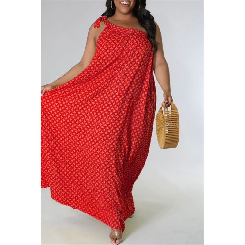 Red Fashion Sexy Plus Size Print Bandage Backless Oblique Collar Sleeveless Dress 