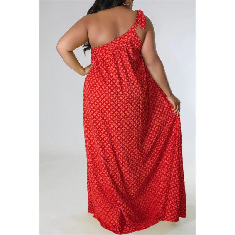 Red Fashion Sexy Plus Size Print Bandage Backless Oblique Collar Sleeveless Dress 