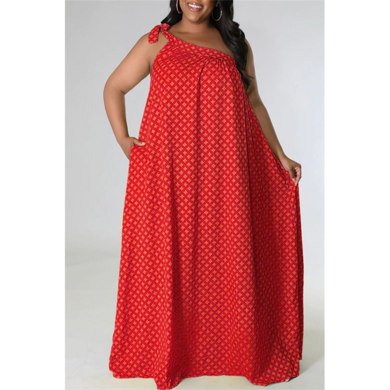 Red Fashion Sexy Plus Size Print Bandage Backless Oblique Collar Sleeveless Dress 