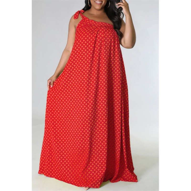 Red Fashion Sexy Plus Size Print Bandage Backless Oblique Collar Sleeveless Dress 