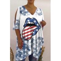 White Blue Fashion Casual Print Hollowed Out V Neck T-Shirts 