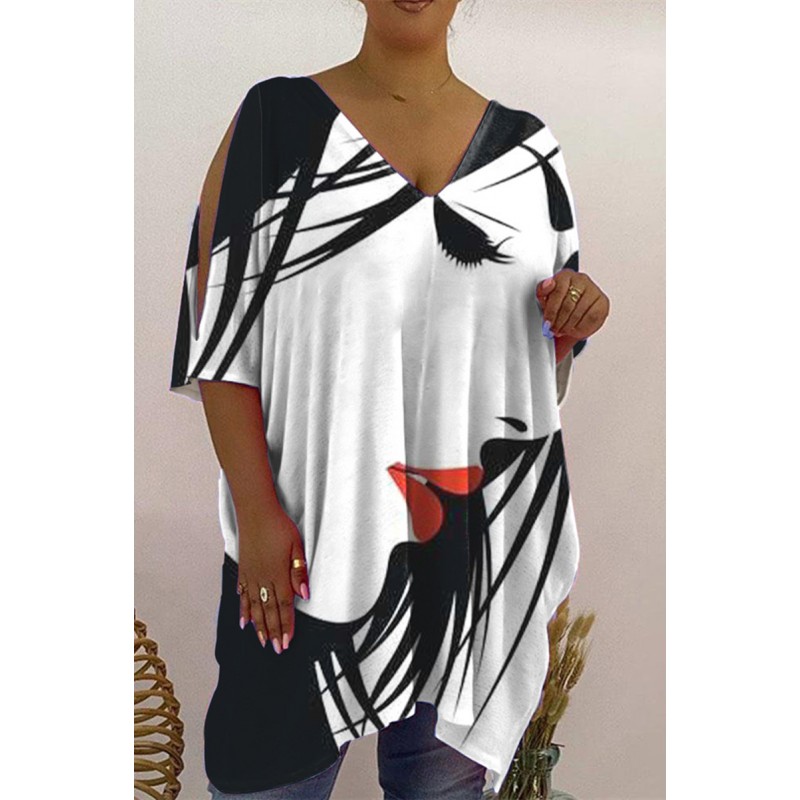 Black White Fashion Casual Print Hollowed Out V Neck T-Shirts 