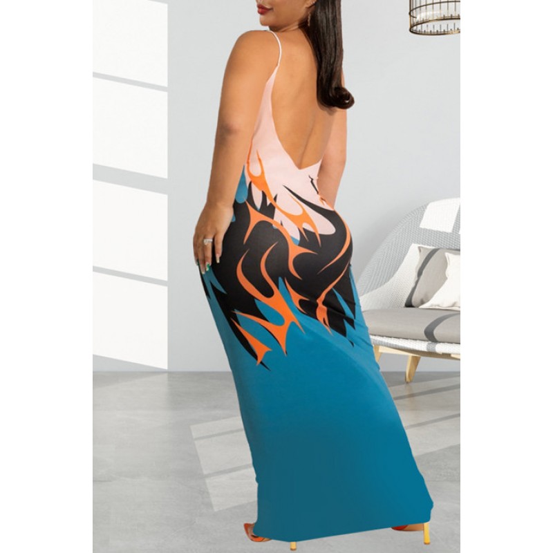 Lake Blue Fashion Sexy Plus Size Print Backless Spaghetti Strap Long Dress 