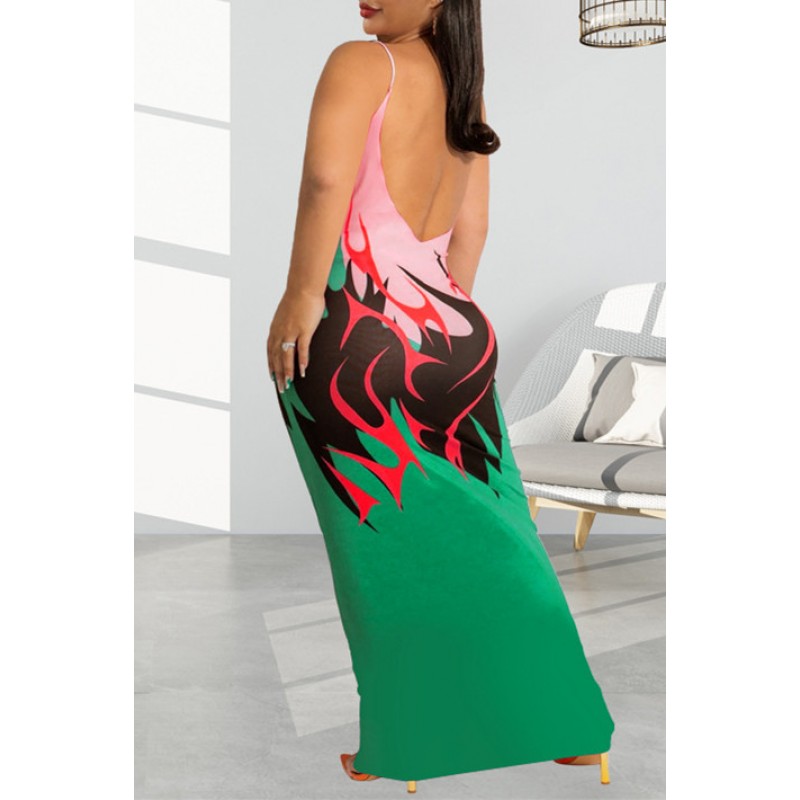 Ginger Fashion Sexy Plus Size Print Backless Spaghetti Strap Long Dress 