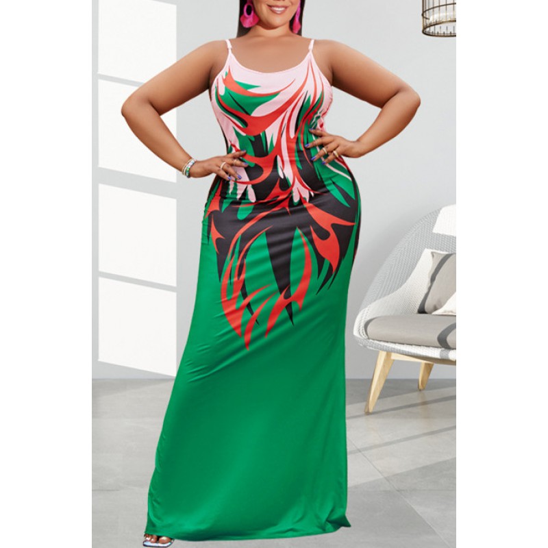 Grass Green Fashion Sexy Plus Size Print Backless Spaghetti Strap Long Dress 