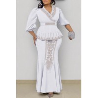 White Fashion Casual Patchwork Beading Hot Drill V Neck Plus Size Two Pieces 