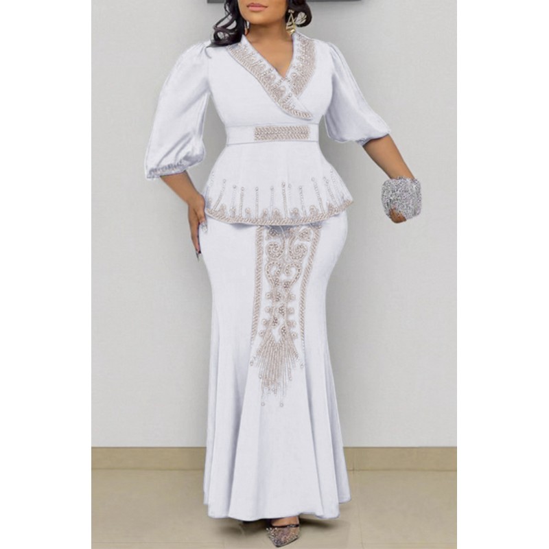 White Fashion Casual Patchwork Beading Hot Drill V Neck Plus Size Two Pieces 