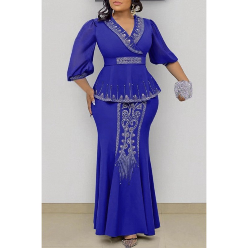 Blue Fashion Casual Patchwork Beading Hot Drill V Neck Plus Size Two Pieces 