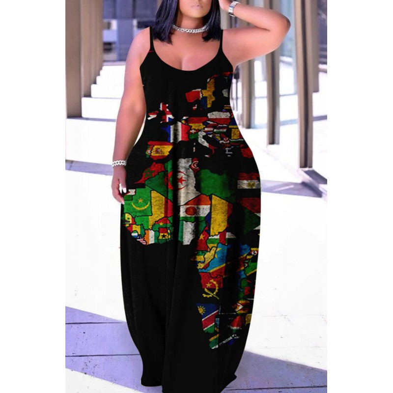 Black Red Fashion Sexy Plus Size Casual Print Backless Spaghetti Strap Long Dress 