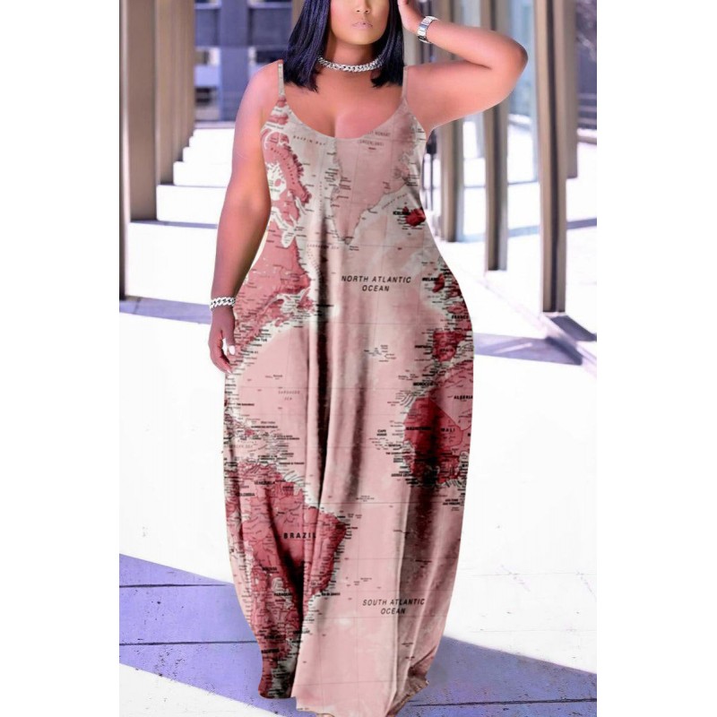 Black Red Fashion Sexy Plus Size Casual Print Backless Spaghetti Strap Long Dress 