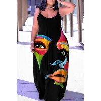 Black Red Fashion Sexy Plus Size Casual Print Backless Spaghetti Strap Long Dress 