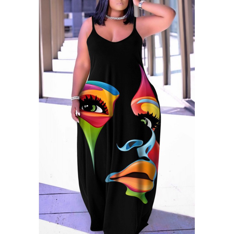 Black Red Fashion Sexy Plus Size Casual Print Backless Spaghetti Strap Long Dress 