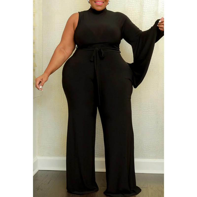 Black Fashion Casual Solid Asymmetrical Turtleneck Plus Size Jumpsuits 