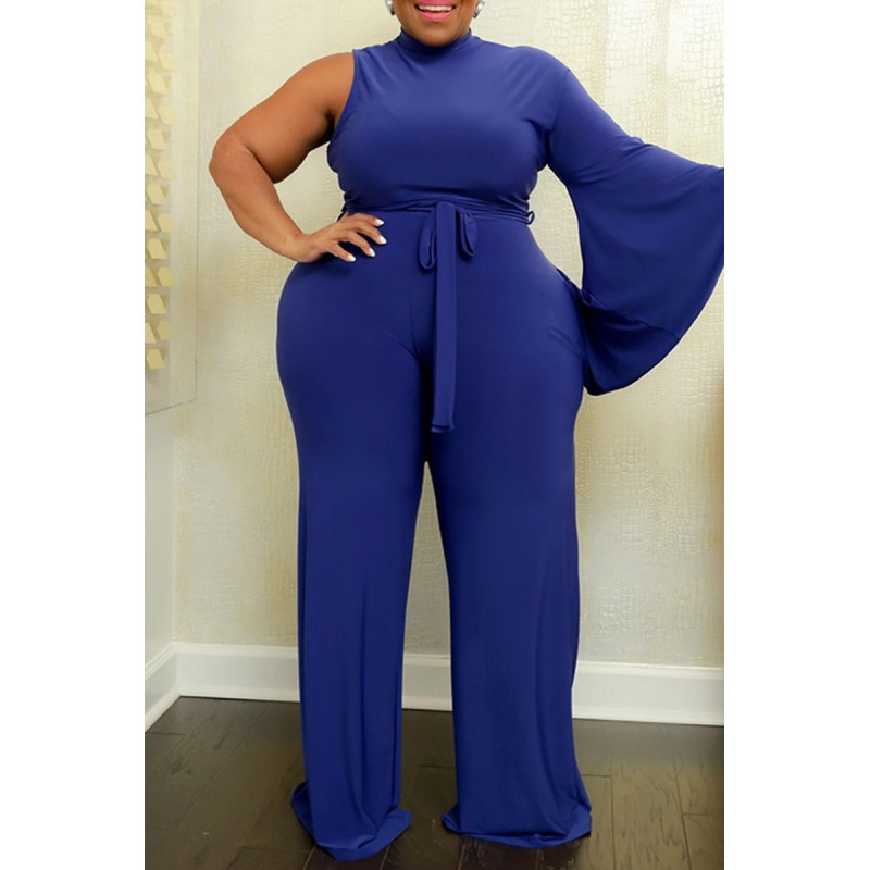 Black Fashion Casual Solid Asymmetrical Turtleneck Plus Size Jumpsuits 