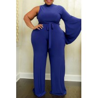 Blue Fashion Casual Solid Asymmetrical Turtleneck Plus Size Jumpsuits 