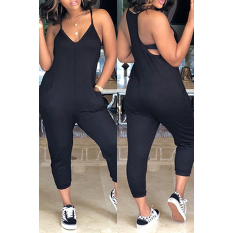 Black Fashion Sexy Solid Backless V Neck Plus Size Jumpsuits 