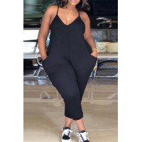 Black Fashion Sexy Solid Backless V Neck Plus Size Jumpsuits 