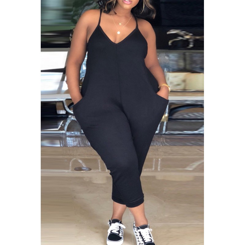 Black Fashion Sexy Solid Backless V Neck Plus Size Jumpsuits 