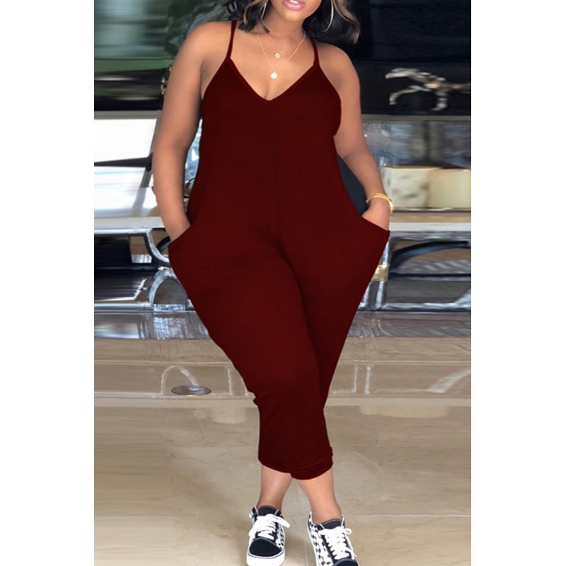 Black Fashion Sexy Solid Backless V Neck Plus Size Jumpsuits 