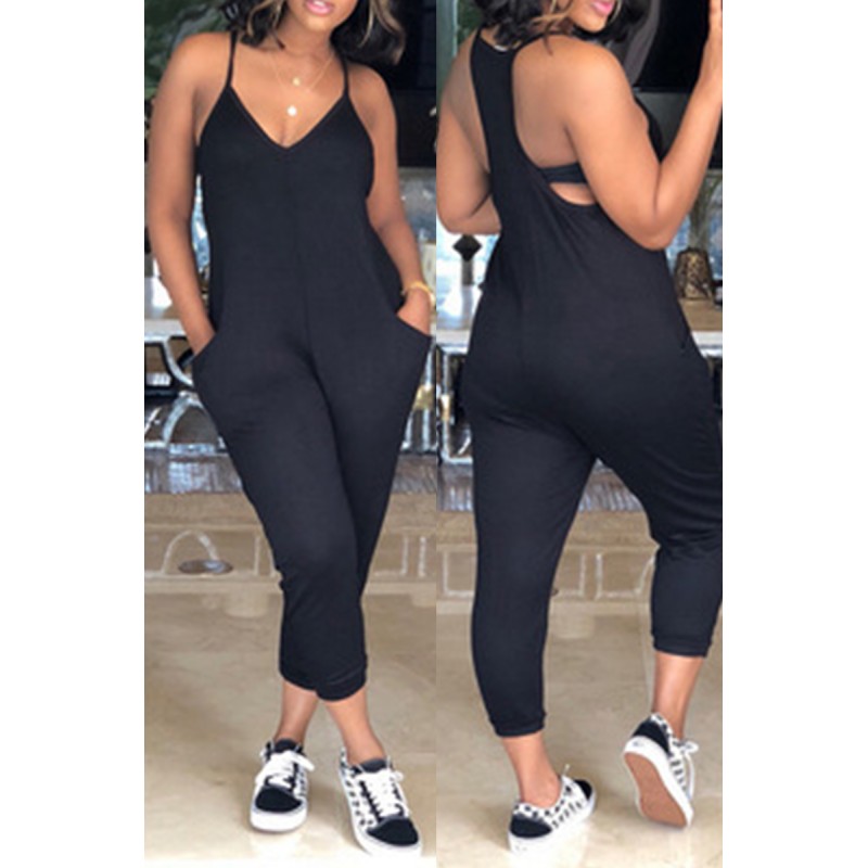 Black Fashion Sexy Solid Backless V Neck Plus Size Jumpsuits 