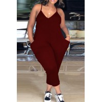 Burgundy Fashion Sexy Solid Backless V Neck Plus Size Jumpsuits 