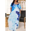 Sky Blue Fashion Casual Plus Size Print Tie Dye Patchwork Slit V Neck Short Sleeve Dress 