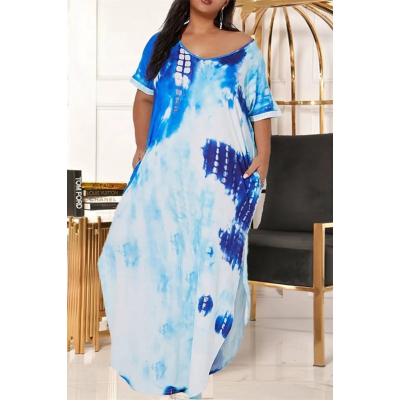 Sky Blue Fashion Casual Plus Size Print Tie Dye Patchwork Slit V Neck Short Sleeve Dress 