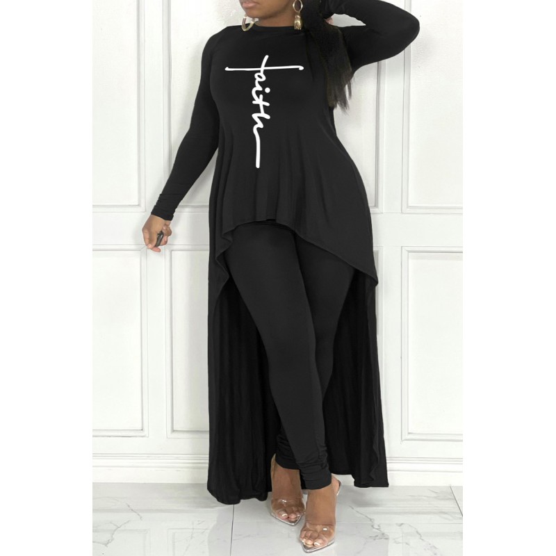 Black Fashion Casual Print Asymmetrical O Neck Plus Size Two Pieces 